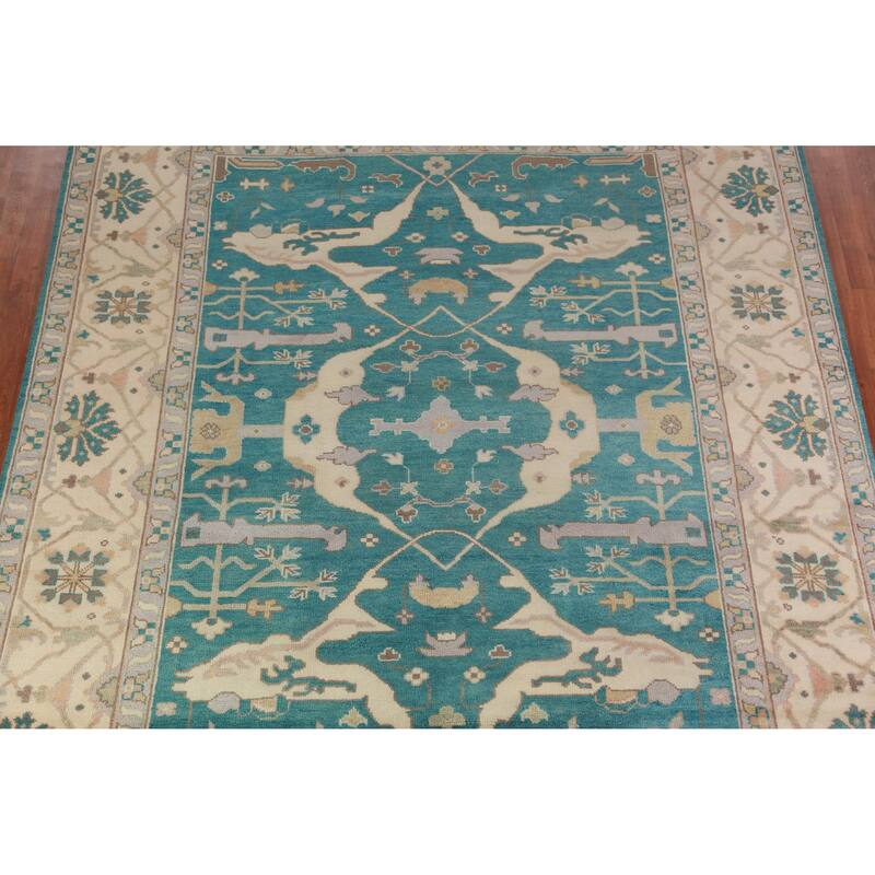 Teal Blue Oushak Indian Area Rug Hand-Knotted Wool Carpet - 9'2" x 11'11"