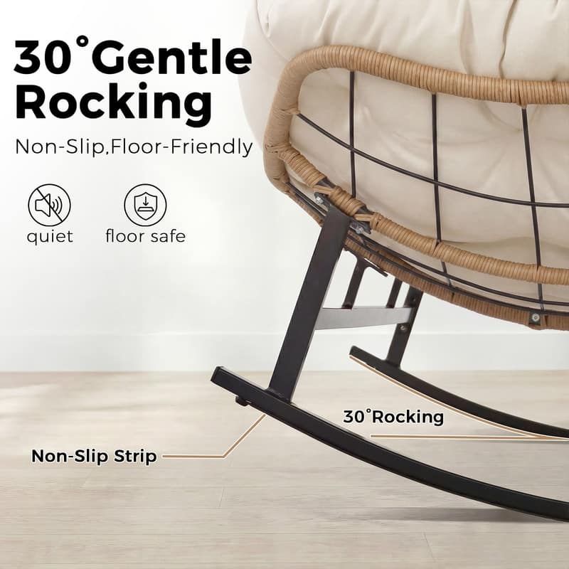 60" Double Papasan Rocking Chair for 2, 700-lb Capacity Wicker Egg Rocker with 5.1" Thick Cushion