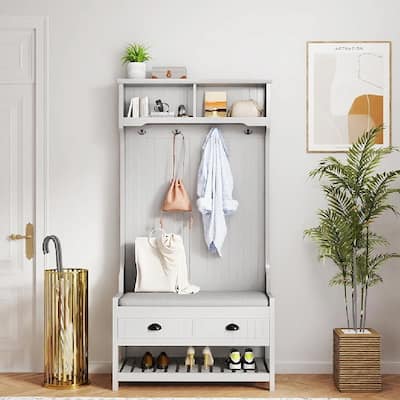 3-in-1 Hall Tree with Storage Drawers, 4 Hooks & Cushion