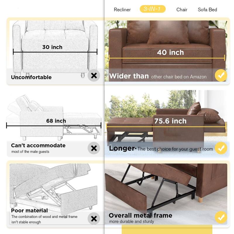 AECOJOY Adjustable Sleeper Chair Bed 3-in-1 Convertible Futon Sofa