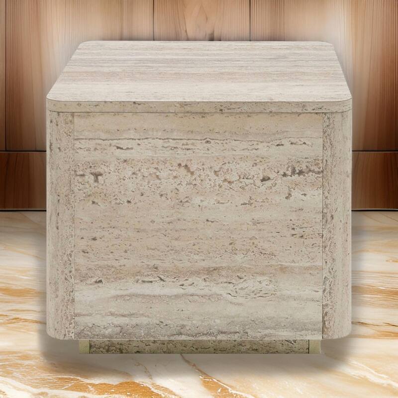 Lia 20 Inch End Table, Square Travertine Stone Finish Laminated Top