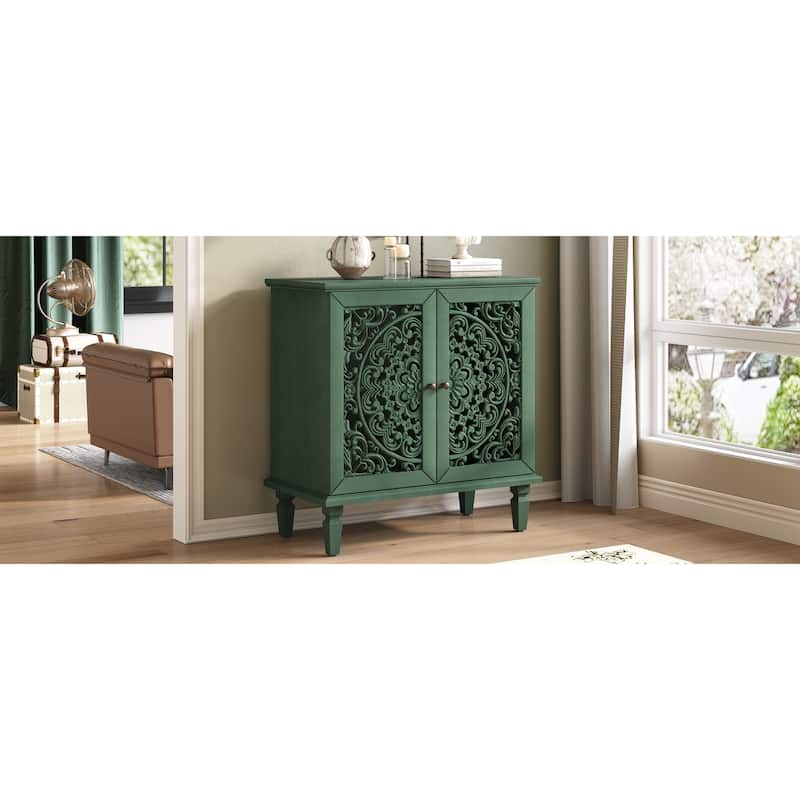 GDF Studio - Vintage Hollow-Carved Accent Cabinet, 2-Door Display Sideboard with Adjustable Shelf