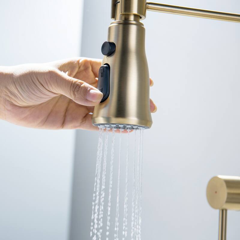 Wall Mounted Pull Down Two Handle Kitchen Faucet In Brushed Gold
