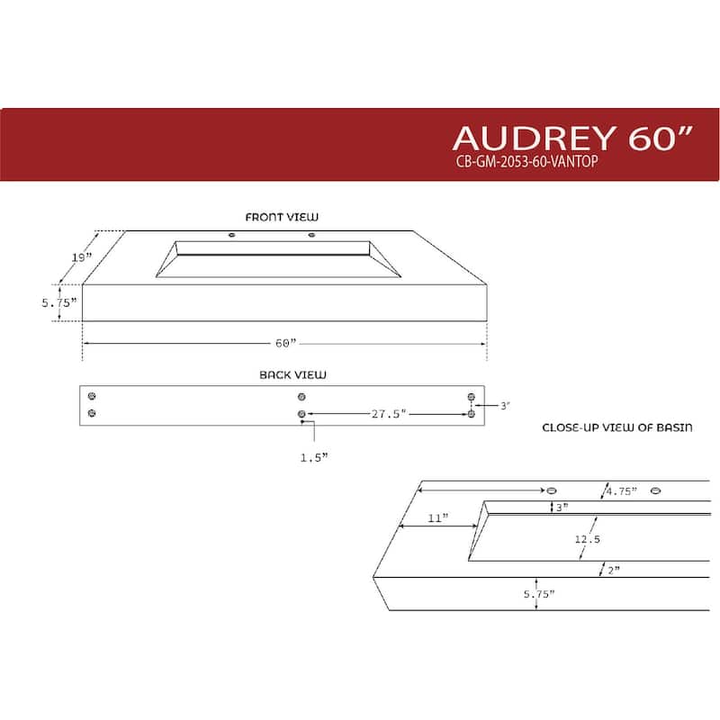 Audrey 36" - 72" Solid Surface Bathroom Vanity Top