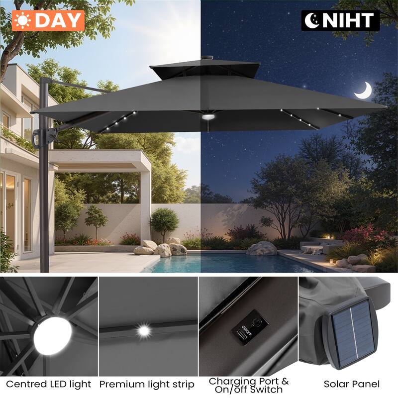 12 x 9 FT Outdoor Patio Cantilever Umbrella with Solar Lights Double Canopy 360 Rotation Tilt with Base