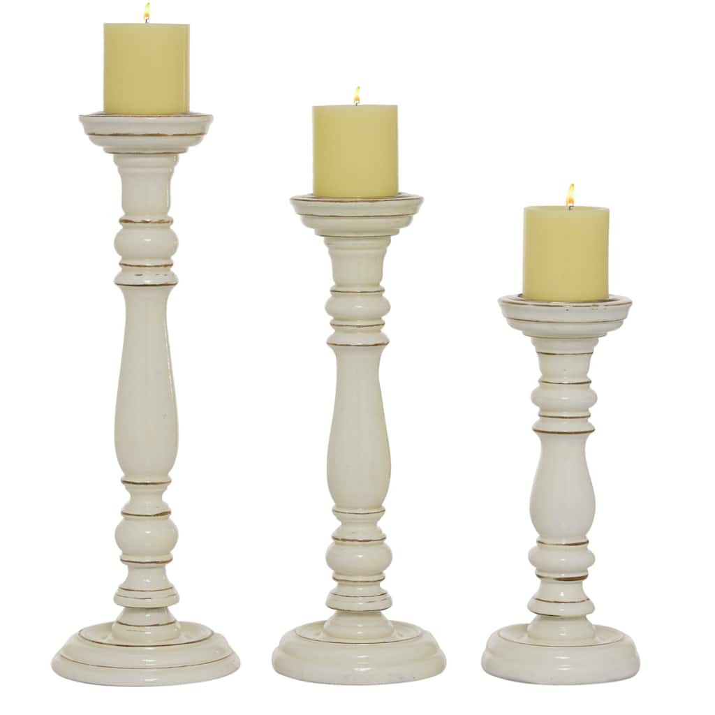 Mango Wood Candle Holder - Set of 3 White - Roche River Decor - 6"W x 6"L x 18"H