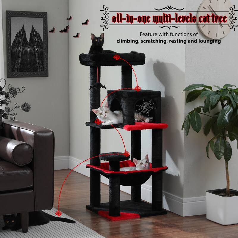 Indoor Multi-Level Tall Cat Tower with Hammock, Scratching Posts, Condo and Top Perch - Black