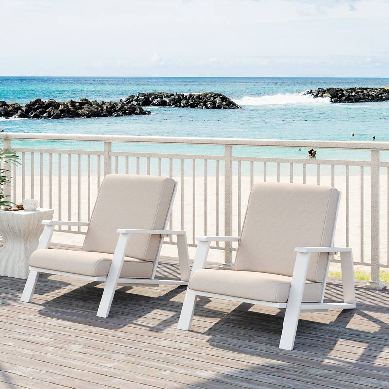 Roomfitters Outdoor Patio Lounge Chair, Acacia Wood Frame with Beige Cushions, Modern Club Chair for Garden Deck - Beige+White; Set of 2
