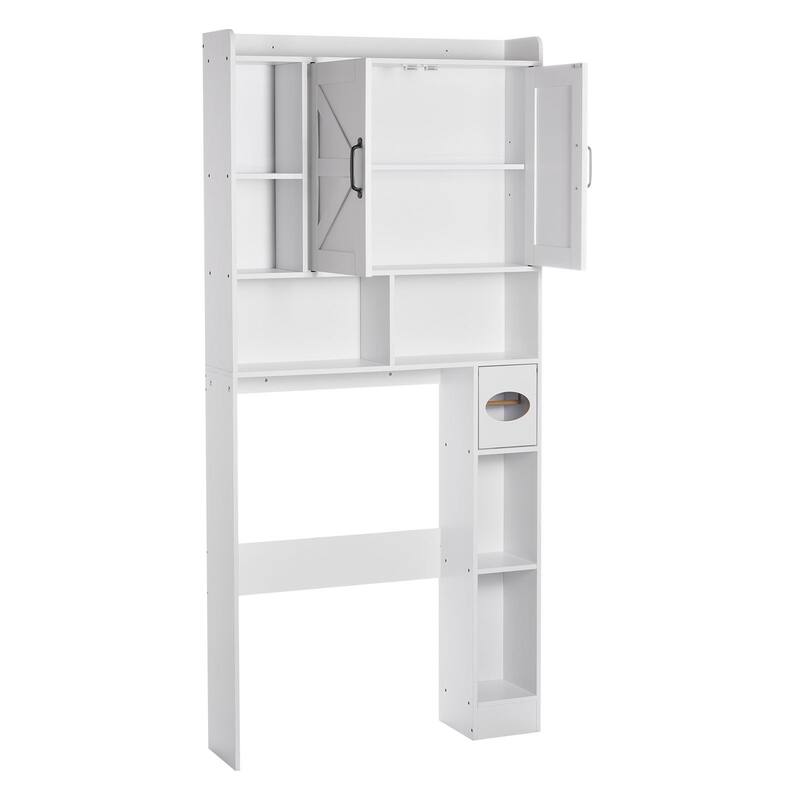 White Particle Board MDF Over Toilet Storage Cabinet with 4-Tier Adjustable Shelves and Anti-Tip - 30.91 x 7.68 x 66.14 in - White