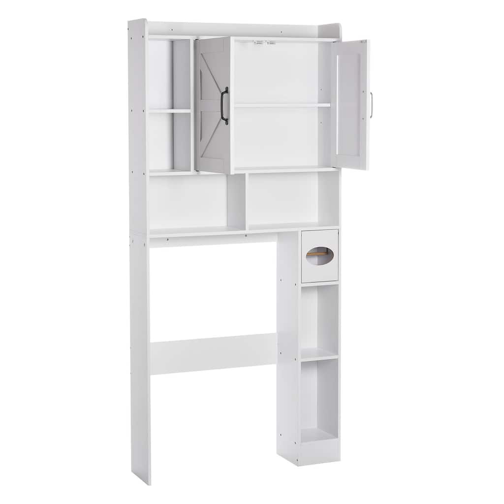 White Particle Board MDF Over Toilet Storage Cabinet with 4-Tier Adjustable Shelves and Anti-Tip - 30.91 x 7.68 x 66.14 in