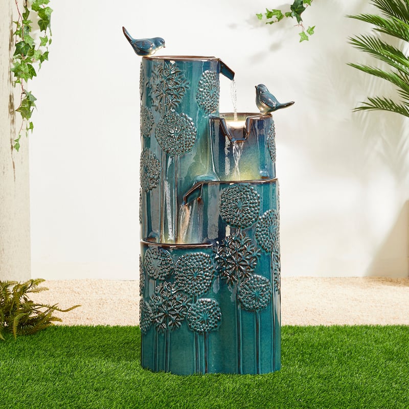 Glitzhome 31.75"H 4-Tier LED Vase-Shaped Ceramic Outdoor Floor Fountain with Birds/ Lotus