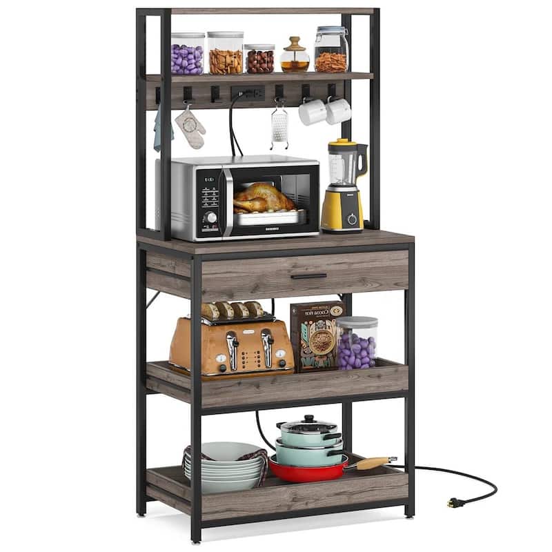 3-Shelf Kitchen Baker’s Rack with Drawers Pull-Out Shelf Microwave Storage and Steel Frame - 64.96”H x 31.50" W x 15.75”D - Grey