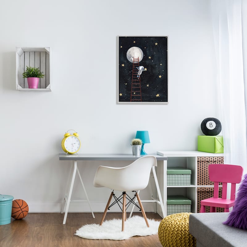 Stupell Astronaut Hanging Stars Outer Space Ladder to Moon Framed Giclee Texturized Art by Rachel Nieman