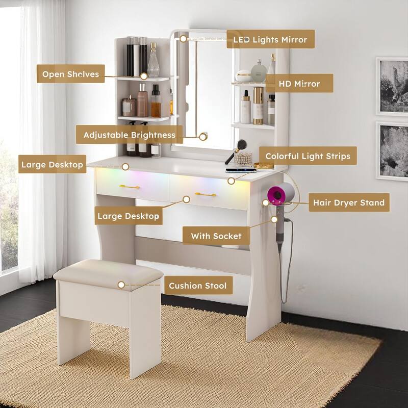 KISRAIS 35.4" Fashion Vanity Desk with Mirror and Lights, Cushioned Stool, Power Station, and Hair dryer bracket
