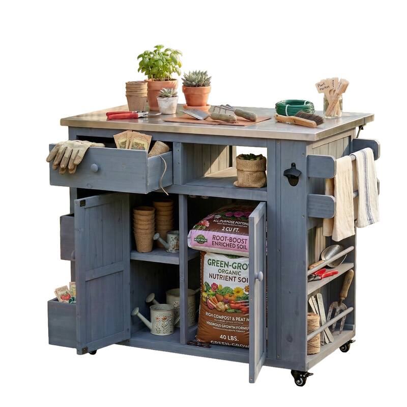 Outdoor Solid Wood Extendable Kitchen Island with Stainless Steel Top, Side Spice Rack, Drawers & Storage Cabinet