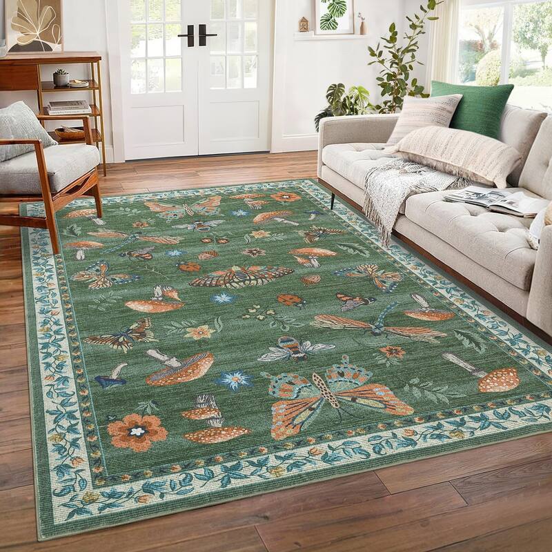 Area Rugs for Living Room Modern Insect Rug Mushroom Pattern Rug Soft Washable Non Slip Low Pile Rug - 8'x10' - Green