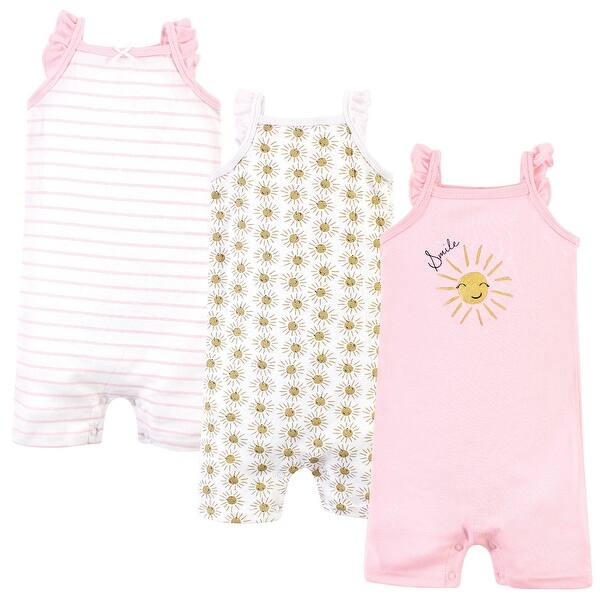 slide 1 of 1, Hudson Baby Infant Girl Cotton Rompers 3pk, Smile Sunshine 0 - 3 Months - Pink