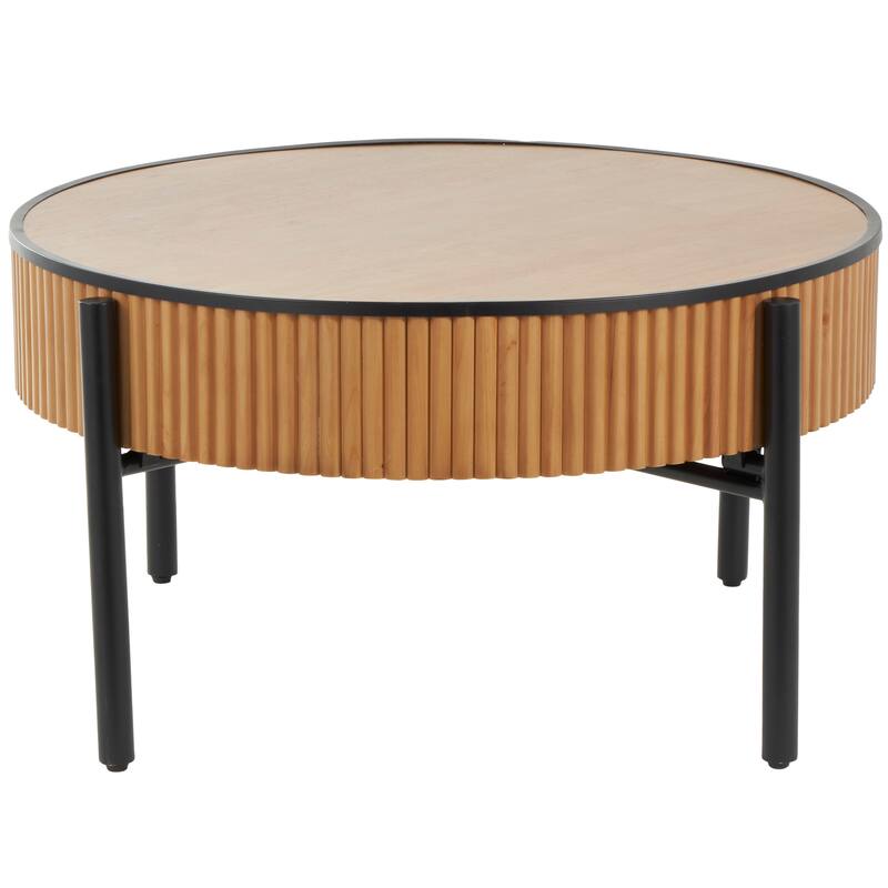 Brown Wood Handmade Slatted Drum Side End Accent Table with Black Metal Legs