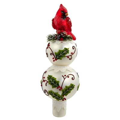 Kurt Adler 12-Inch Glass Holly and Cardinal Tree Topper - Red