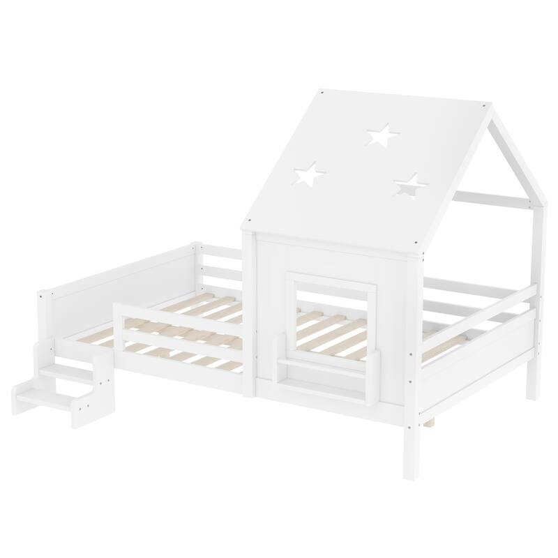 Roomfitters House Floor Bed with Bookcase and Blackboard, Solid Wood Frame with Low Stairs