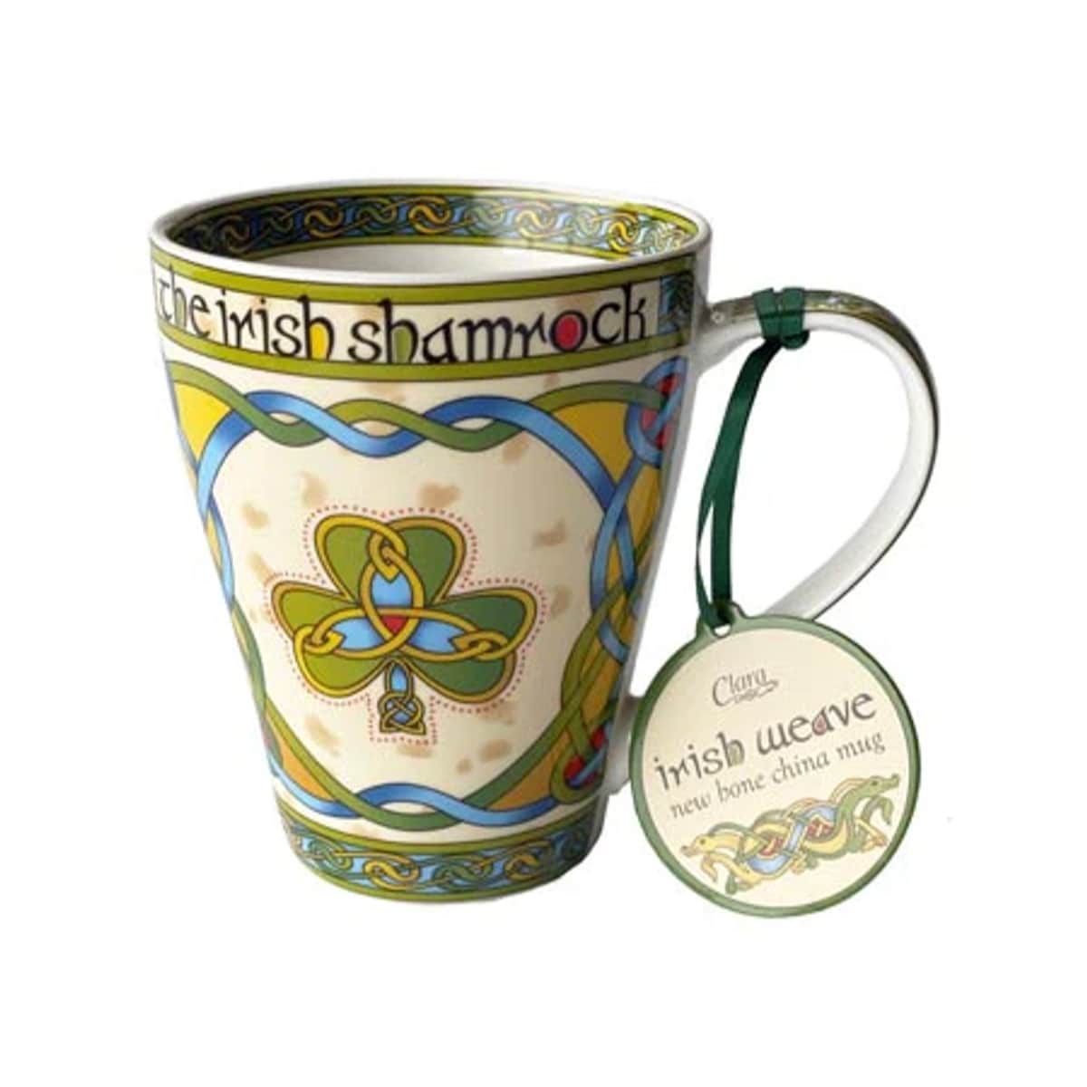 Stylish Multi-Color Bone China Mug 13oz Featuring Classic Shamrock and Celtic Patterns Dishwasher Safe