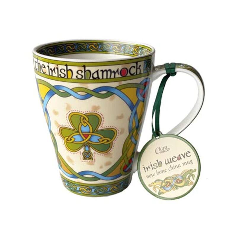 Stylish Multi-Color Bone China Mug 13oz Featuring Classic Shamrock and Celtic Patterns Dishwasher Safe
