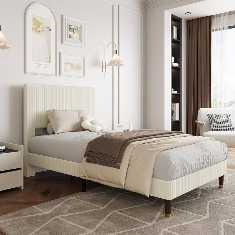 Bed Frame Upholstered Platform Bed with Fabric Headboard, Non-Slip and Noise-Free, Wooden/Metal Slats Support, No Box - Beige - Twin