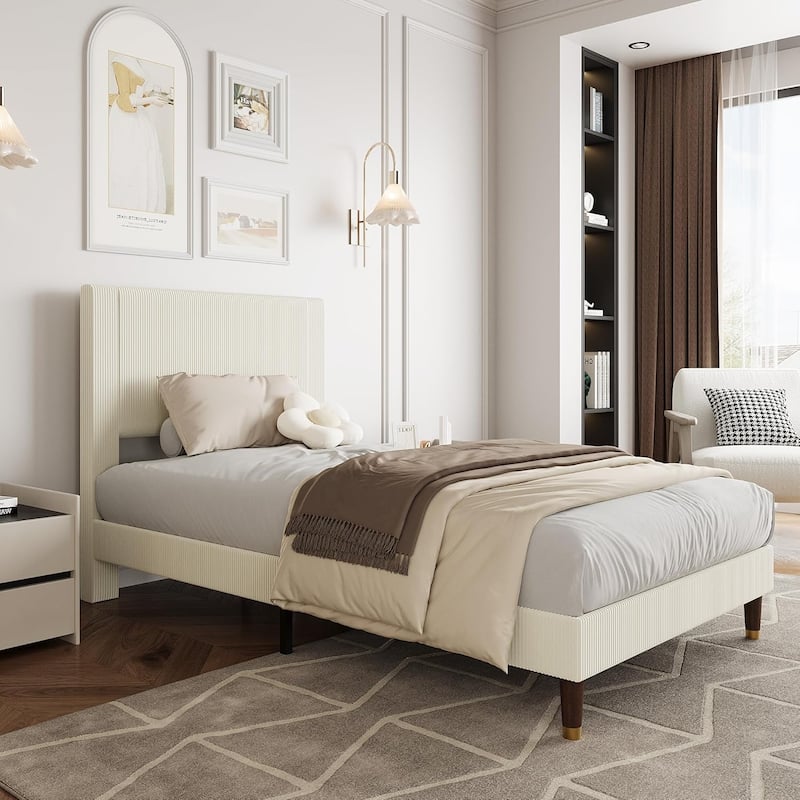 Bed Frame with Headboard, Corduroy Upholstered Platform Bed with Wooden Slats Suppor - Beige - Twin