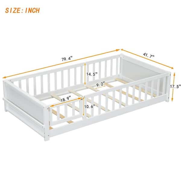 dimension image slide 0 of 3, Twin Size Floor Platform Bed with Built-in Book Storage Rack, Door