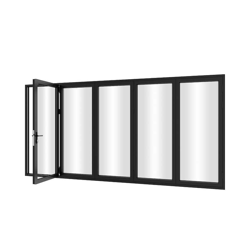 KaMic Versa-Fold 168"×96" 5 Panels Aluminum Folding Door In Black,Folded Out From Left To Right Model #:FD5PBK16896-LR