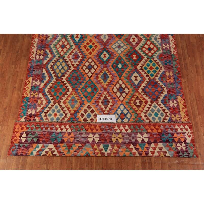 Colorful Kilim Oriental Area Rug Flatweave Orange Wool Carpet - 7'9"x 10'2"
