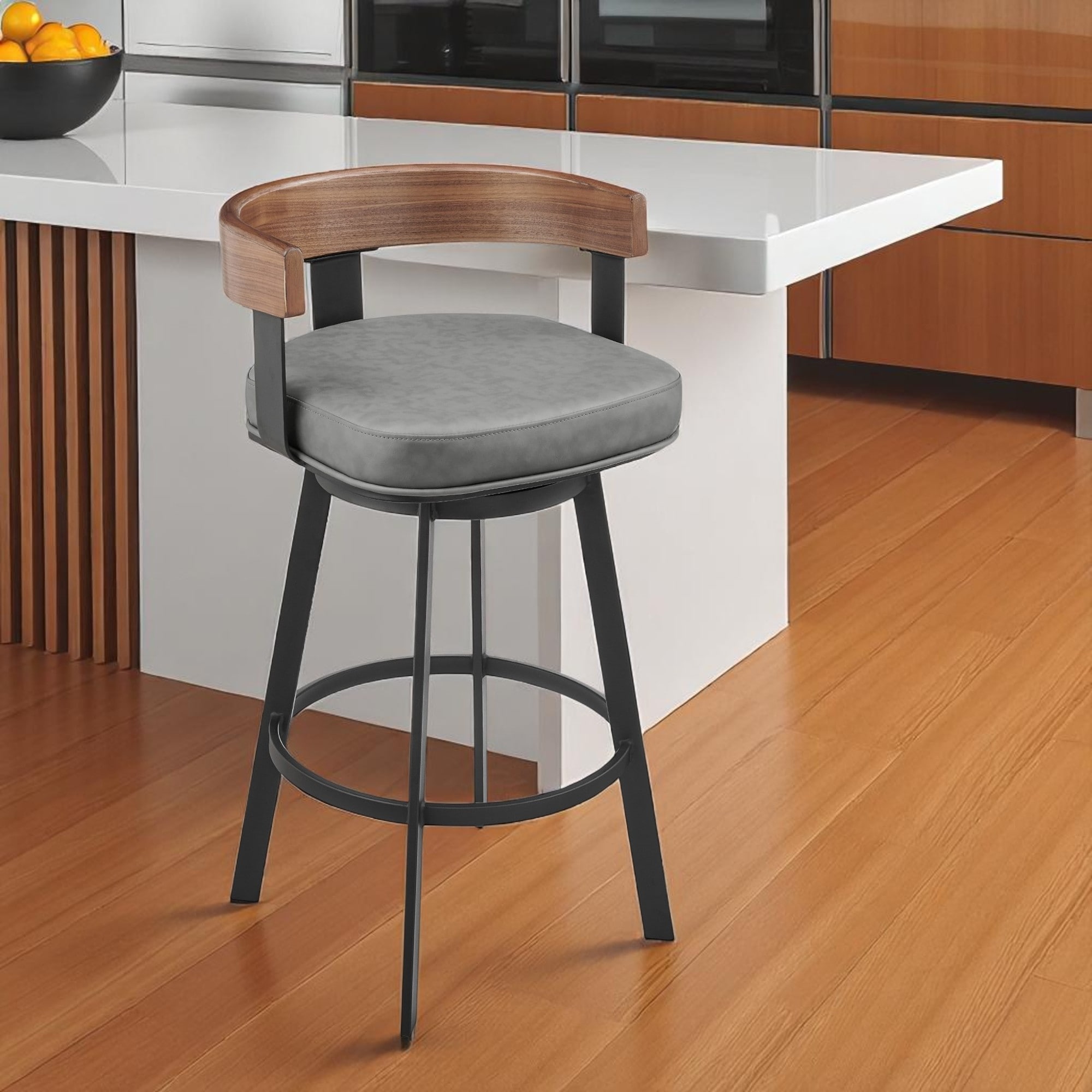 HomeRoots 26" Gray And Black Faux Leather And Iron Low Back Counter Height Swivel Bar Chair