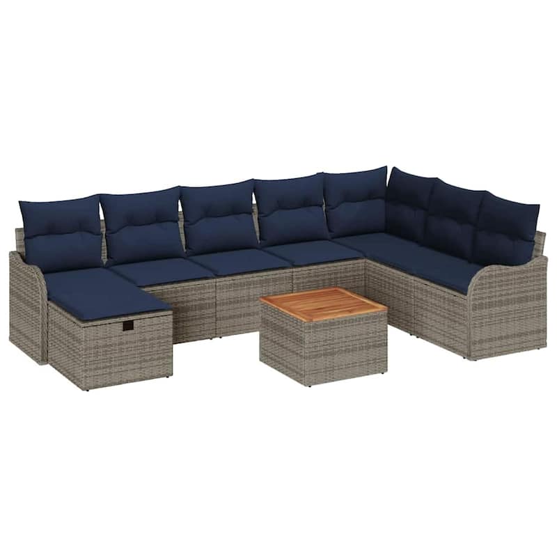 vidaXL 9 Garden Sofa Set with Cushions Black/Grey Poly Rattan - 113.2 x 69.9 x 27.2