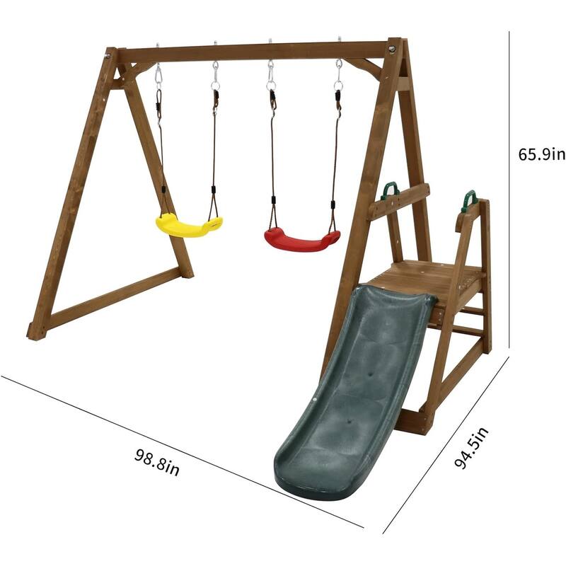 Wood Swing Set w/Slide,Wood Swing Set for Backyard, 2 in 1 Swing Set