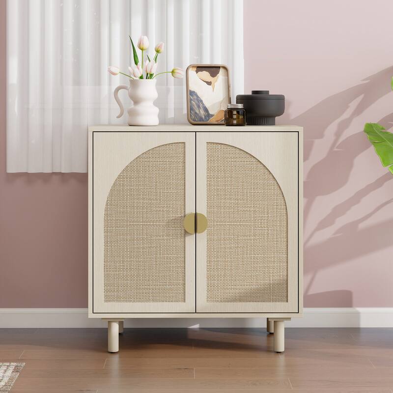 Rattan Decorative Cabinet Dining Cabinet with Semicircular Metal Handles, Rustic Credenza Console Cabinet