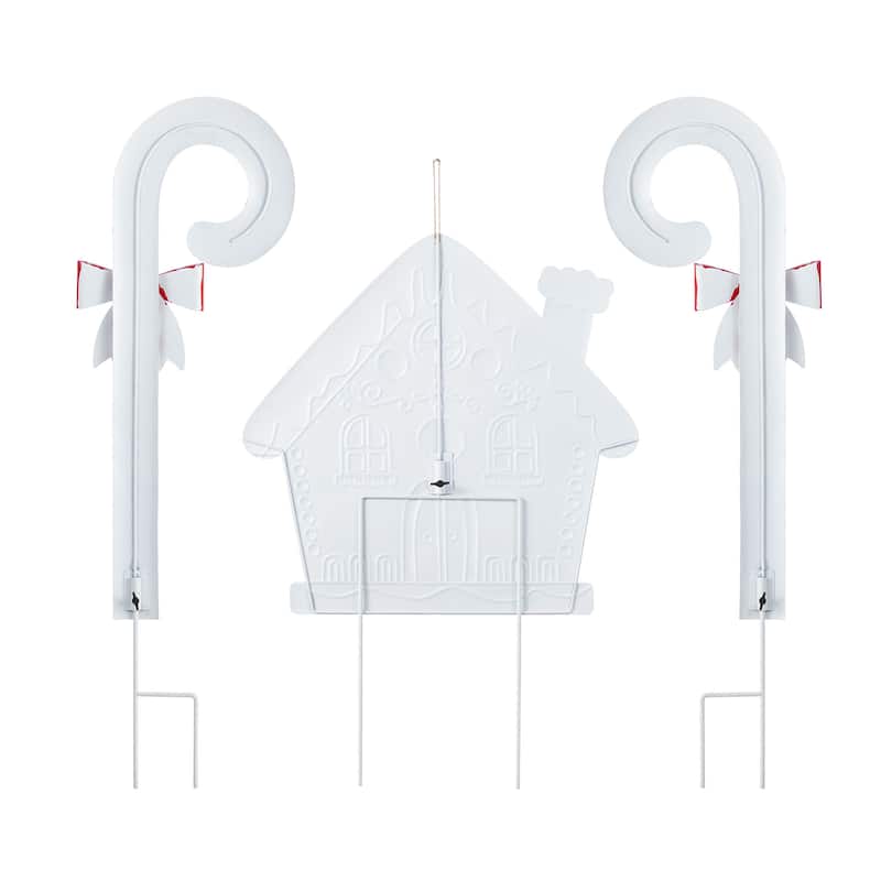 Glitzhome 33"H Set of 3 Metal Christmas Gingerbread House and Candy Cane Yard Stake - Multi