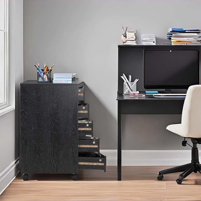 Portable 5-Drawer Wooden Cabinet with 360° Wheels, Smooth Pullout & Extra Top Storage