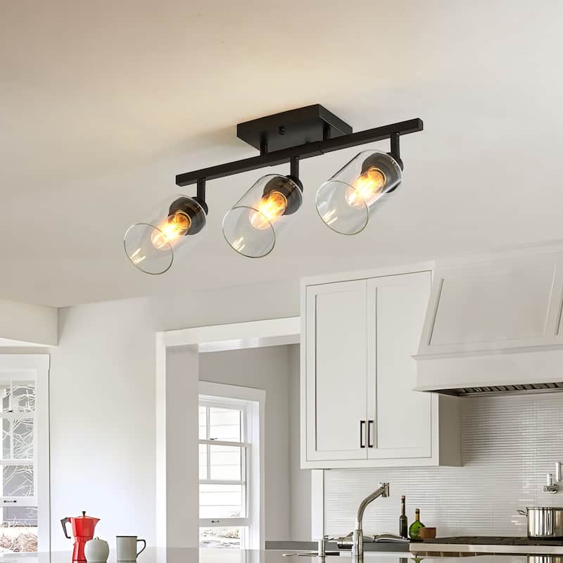 3-Lights Semi Flush Mount Ceiling Light, Adjustable Kitchen Light Fixtures Ceiling Mount with Glass Shades(Bulb Not Included) - Black