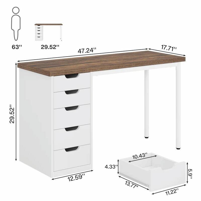 47" Home Office Writing Desk with 5 Drawers, Engineered Wood Top and White Metal Legs