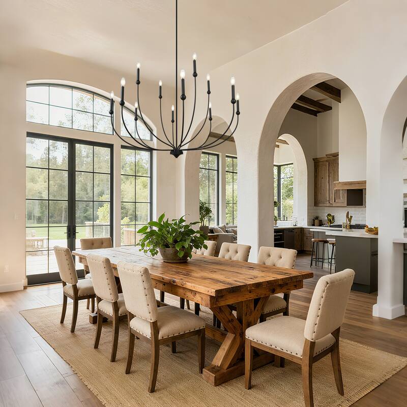 Oriea Modern Transitional 2-Tier 12-Light Black Wheel Chandelier for Large Living Dining Room Entryway - Dia. 48.8" x H 31.5"