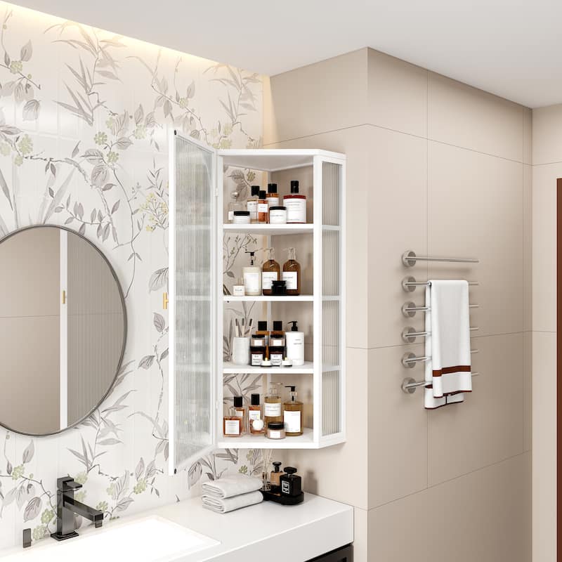 Glass Door Wall Mounted Corner Cabinet with Featuring Four-tier Storage