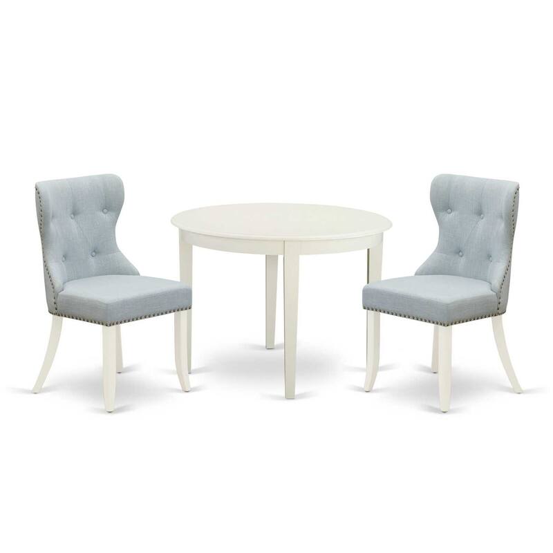 Rustic Dining Set - Kitchen Table & 2 Chairs - Linen Fabric - Round Table - Modern Farmhouse Style