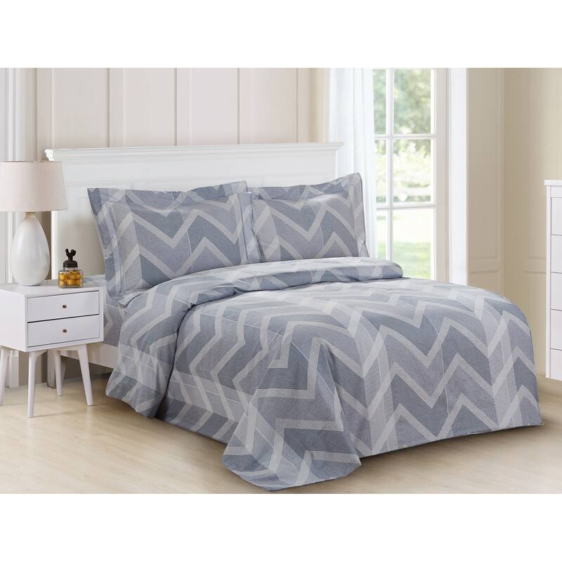 Violet Linen French Chevron Waves Pattern, Luxury 200 Thread Count Cotton Percale, Blue, 6 Piece, Bedding Duvet Cover Set - Blue - Twin