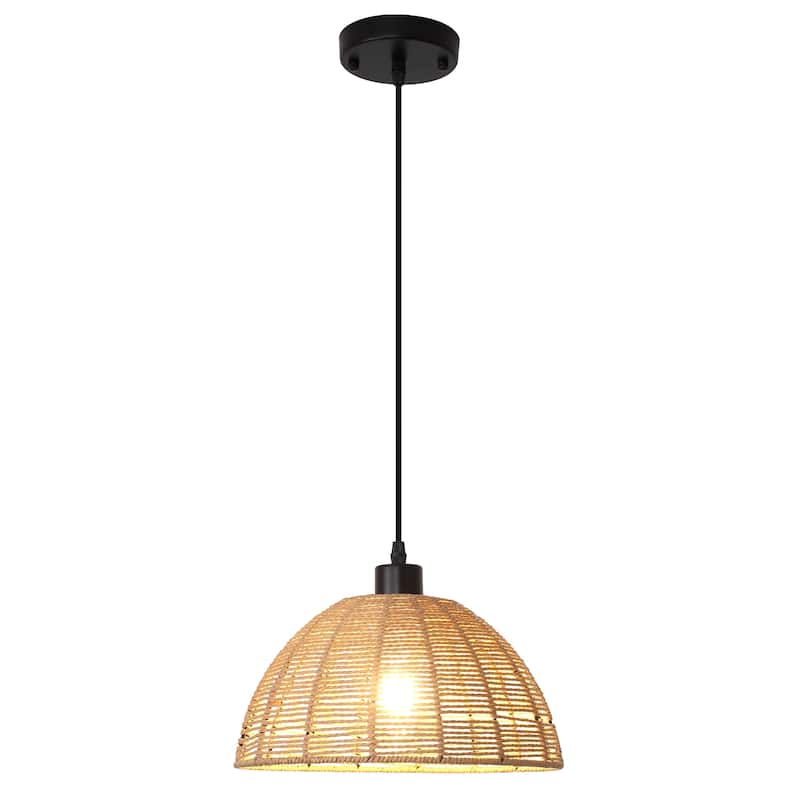 1-Light Dome Hanging Pendant Light Chandelier with Paper Rattan Shaded for Kitchen Island - Natural
