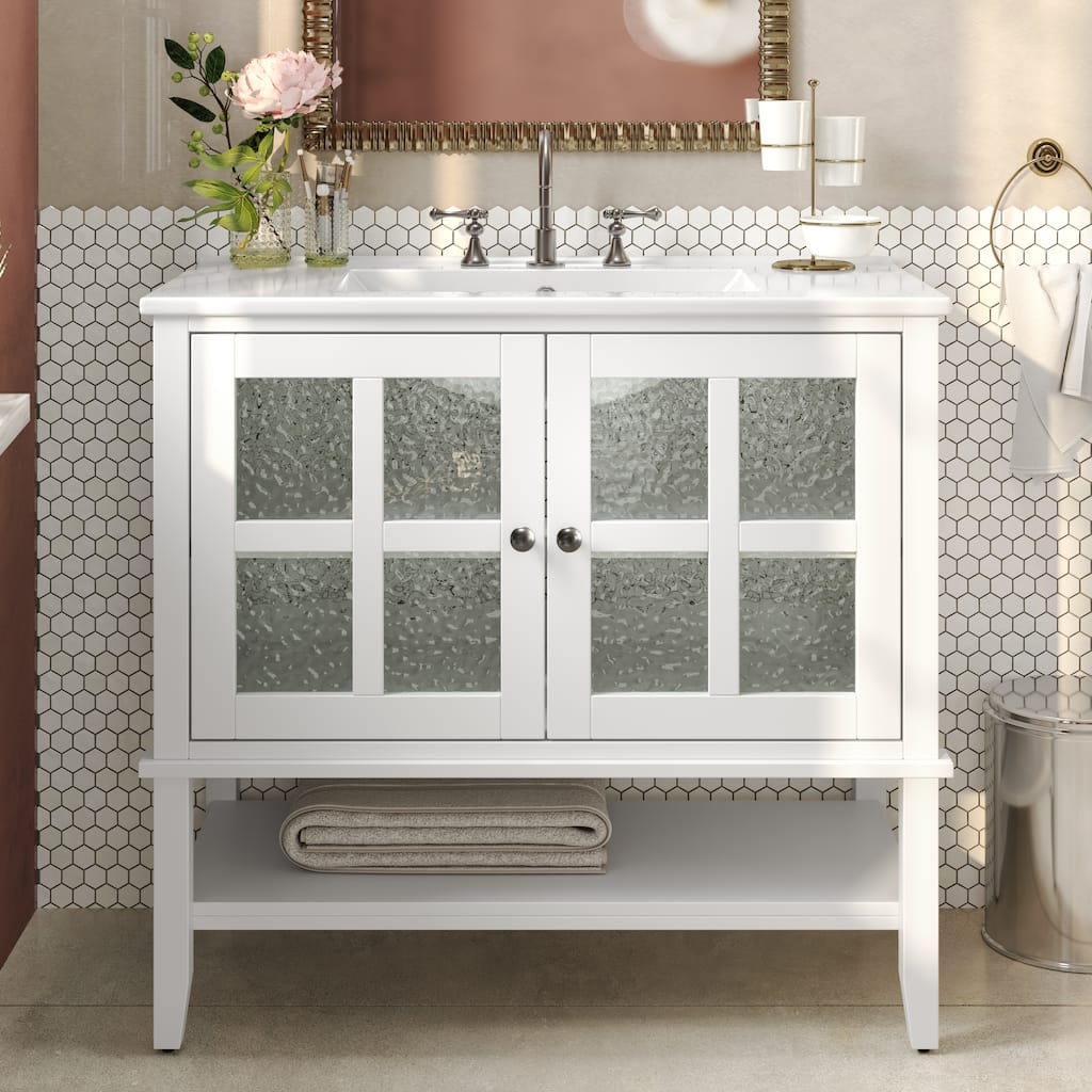 36" Storage Cabinet for Bathroom Vanity with Sink, Textured Glass Doors, Open Shelf, Silver Metal Knobs and Adjustable Shelf