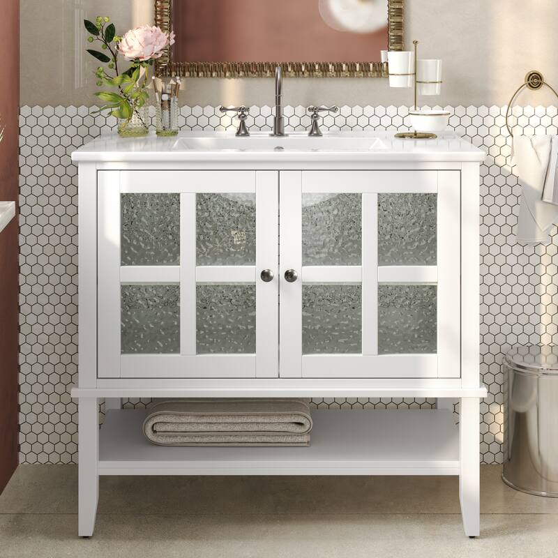 36"Vanity with Ceramic Sink,Vanity with Shelf,with Solid Wood Legs,Waterproof Painted Finish,Metal Knobs and Close Hinges Design - White