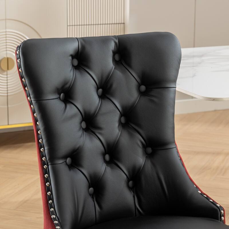 Set of 2 PU and Velvet Upholstered Dining Chair with Wood Legs
