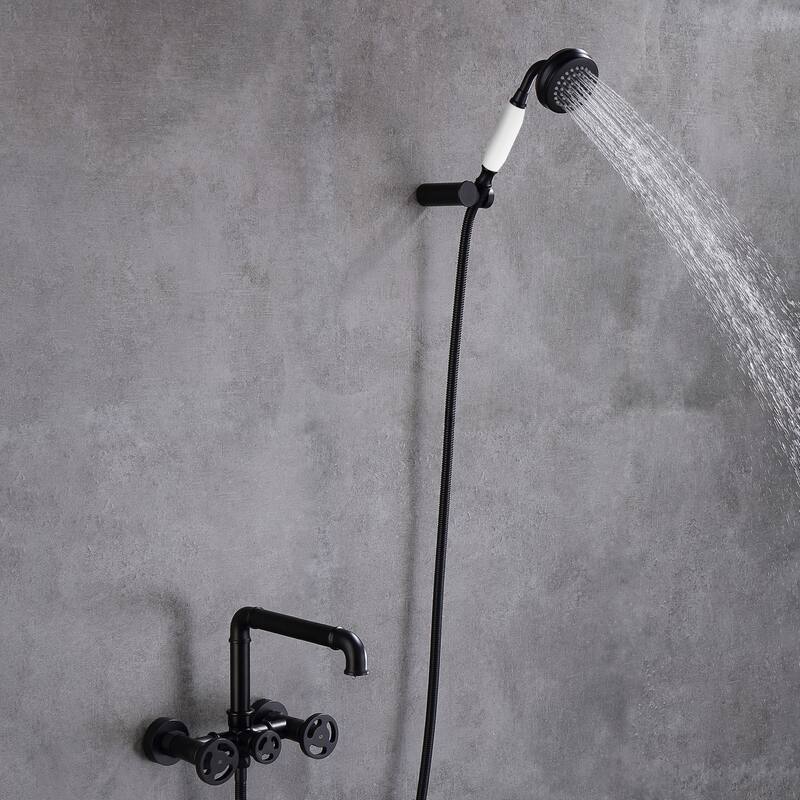 2-Handle Wall Mounted Tub Faucet Set With Hand Shower in Black/Gold