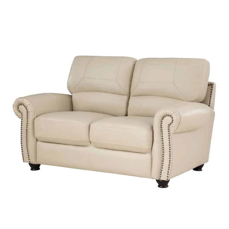 Kia 63 Inch Loveseat, Cream Top Grain and Faux Leather, Brown Solid Wood