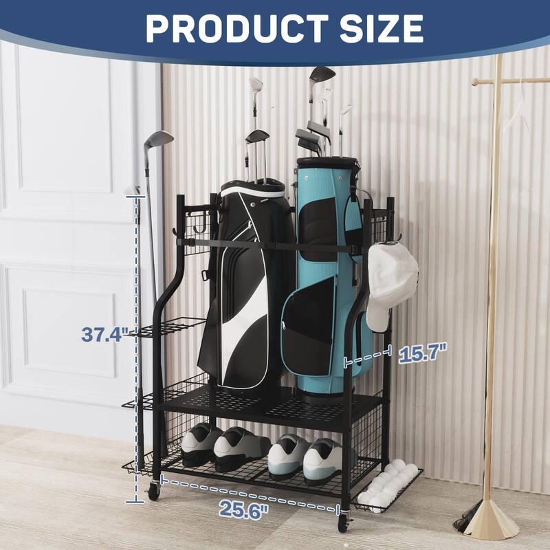 Golf Bag Storage Organizer for Garage with Side Club Rack and Accessory Baskets